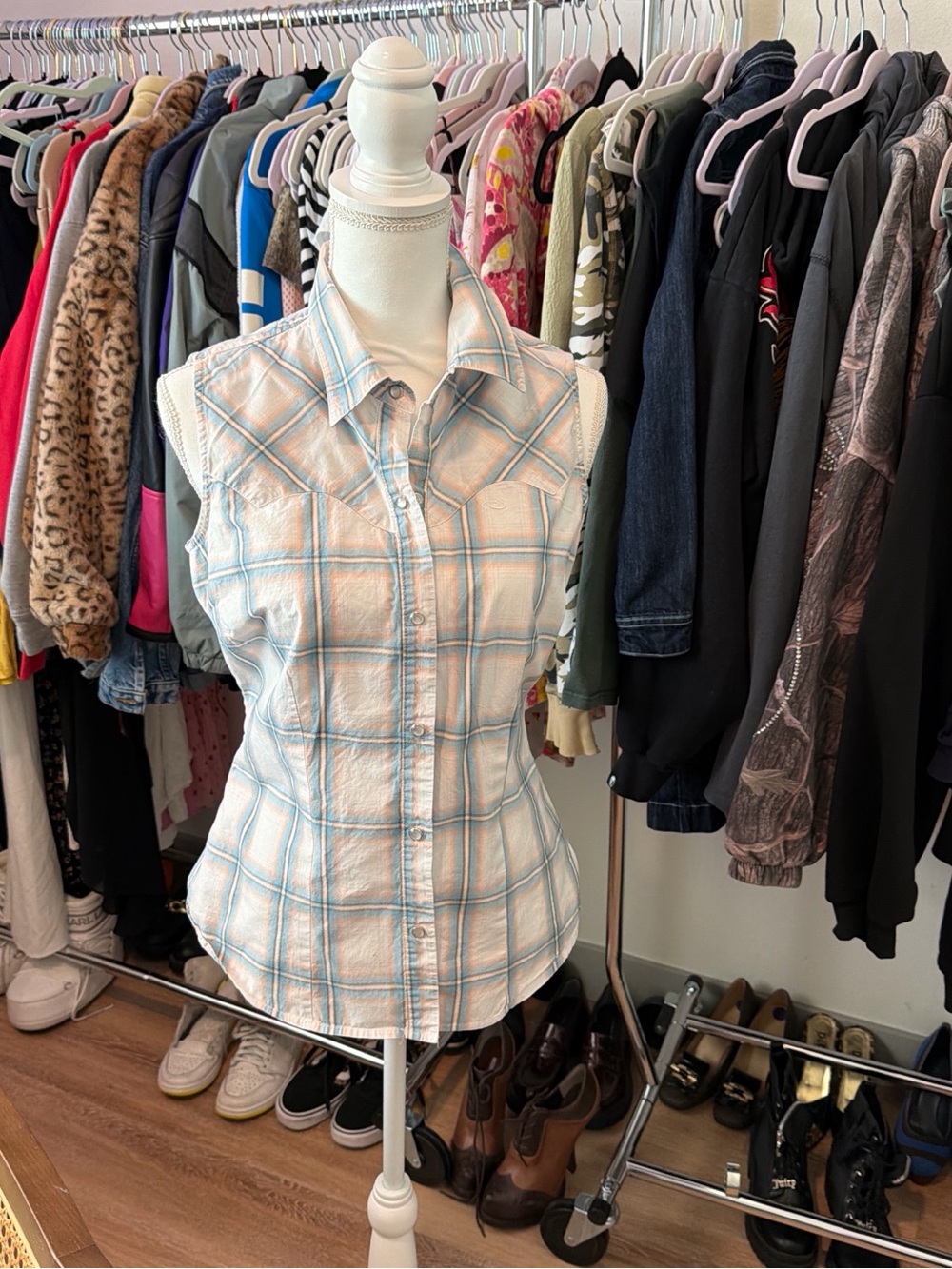 Roper Sleeveless Plaid Button-Down in Light Blue and White